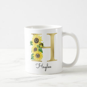 Monogram Guld Solros Girly Blommigt Inledande H Kaffemugg