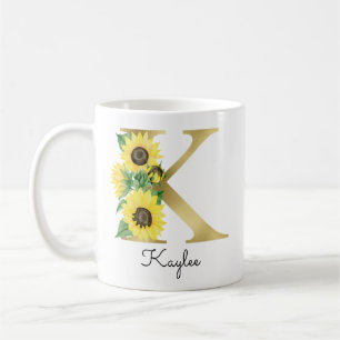 Monogram Guld Solros Girly-Blommigt Inledande K Kaffemugg