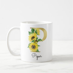 Monogram Guld Solros Girly Blommigt Inledande P Kaffemugg