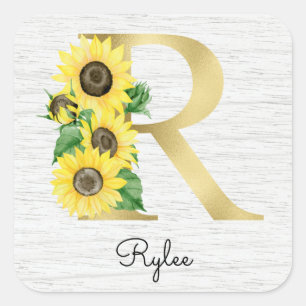 Monogram Guld Solros Girly Blommigt Inledande R Fyrkantigt Klistermärke
