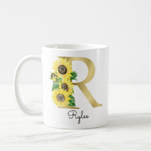 Monogram Guld Solros Girly Blommigt Inledande R Kaffemugg