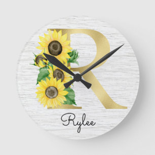 Monogram Guld Solros Girly Blommigt Inledande R Rund Klocka