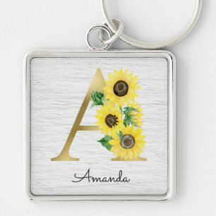 Monogram Guld Solros Girly Blommigt Inledning A Fyrkantig Silverfärgad Nyckelring