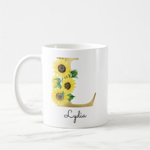 Monogram Guld Solros Girly Blommigt Inledning L Kaffemugg