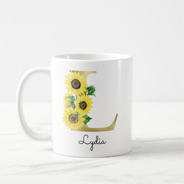 Monogram Guld Solros Girly Blommigt Inledning L Kaffemugg (Vänster)