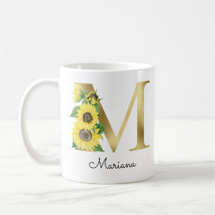 Monogram Guld Solros Tjejaktig Blommig Initial M Kaffemugg
