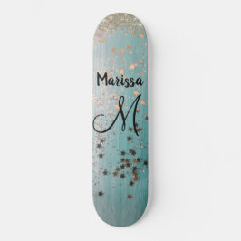 Monogram Guld Stars Glitter på Teal Mini Skateboard Bräda 18,5 Cm
