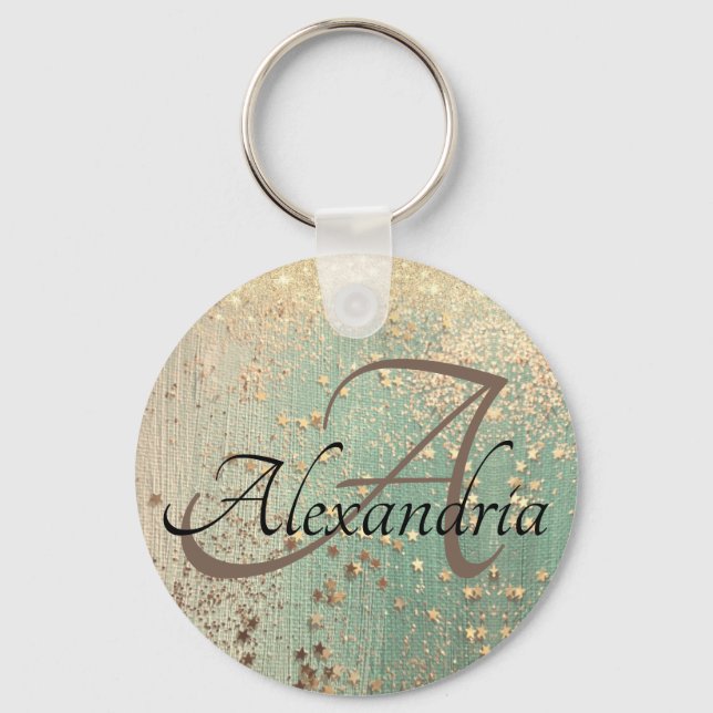 Monogram Guld Stars on Sea Grönt Nyckelring (Framsida)