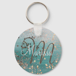Monogram Guld Stars på Teal Button Nyckelring