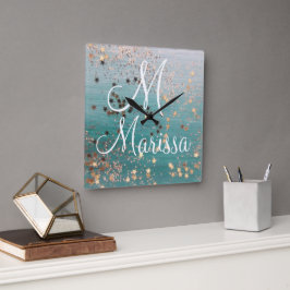 Monogram Guld Stars på Teal Fyrkantig Klocka