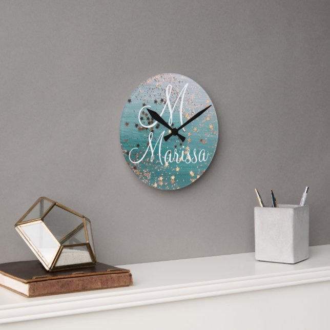 Monogram Guld Stars på Teal               Fyrkantig Klocka (Kontor)