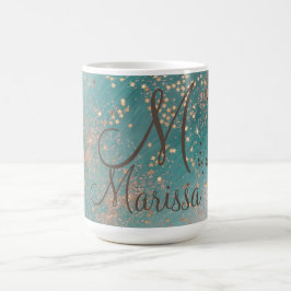 Monogram Guld Stars på Teal Glitter Kaffemugg