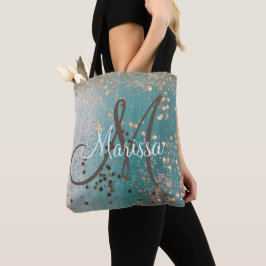 Monogram Guld Stars på Teal Glitter Tygkasse