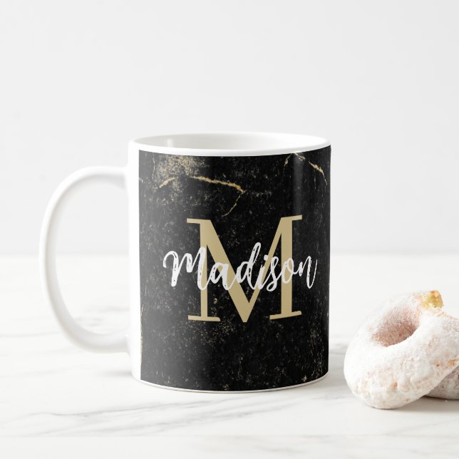 Monogram Guld Svart Marmor Kaffemugg (Med munk)