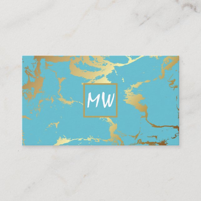 Monogram | Guld Teal Marble Visitkort (Framsida)