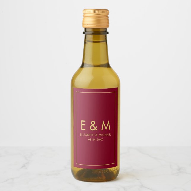 Monogram Guld Text Spara Datum Burgunderröd Vinetikett (Framsida)