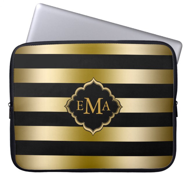 Monogram Guld Tones & Black Rand Mönster Laptop Fodral (Framsidan)