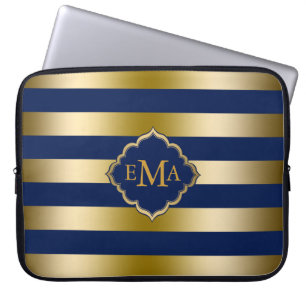 Monogram Guld Tones & Dak Blue Rand Mönster Laptop Sleeve