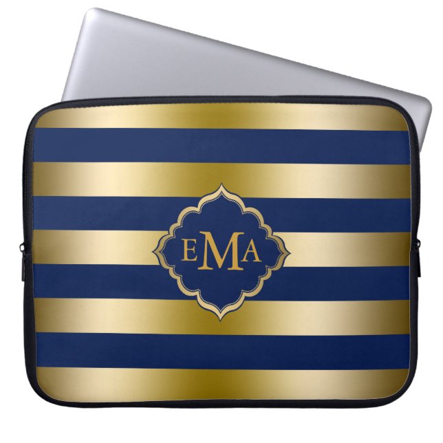 Monogram Guld Tones & Dak Blue Rand Mönster Laptop Sleeve (Framsidan)