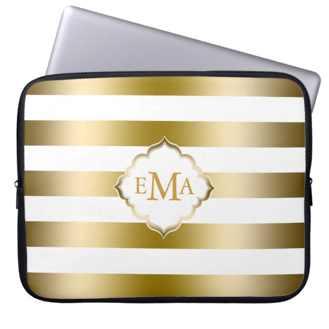 Monogram Guld Tones & White Rand Mönster Laptop Sleeve (Framsidan)
