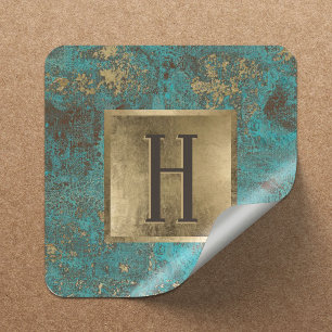 Monogram Guld Turcos & Teal Vintage Copper Fyrkantigt Klistermärke