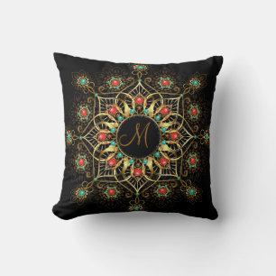 Monogram Guld Turquiose Red Mandala Jewel Kudde