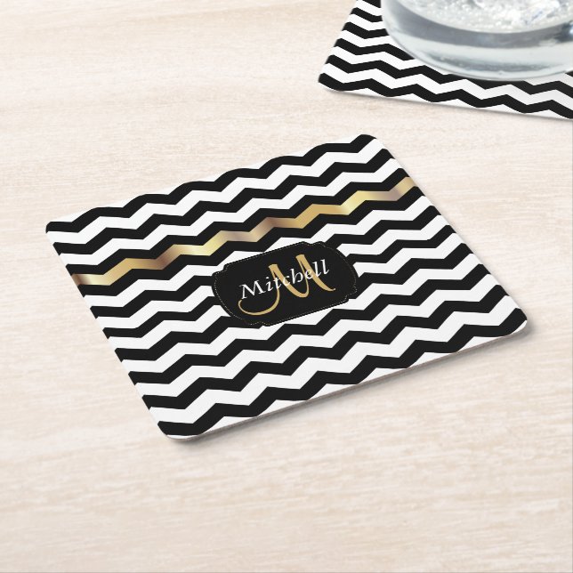 Monogram Guld, vit och svart Chevron Underlägg Papper Kvadrat (Vinklad)