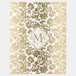 Monogram Guld & White Blommigt Damask Fleecefilt
