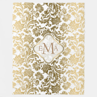 Monogram Guld & White Blommigt Damask Fleecefilt