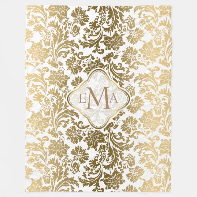 Monogram Guld & White Blommigt Damask Fleecefilt (Framsidan)