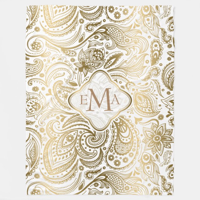 Monogram Guld & White Blommigt Paisley Snöre Fleecefilt (Framsidan)