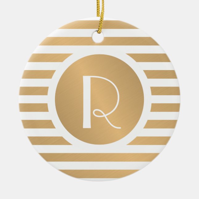 Monogram Guld & White Rand Cirkulär Julgransprydnad Keramik (Framsidan)