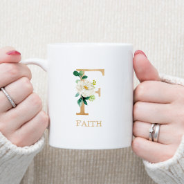 Monogram Guldbokstav F | Blommig Rosa Vit Grön Kaffemugg