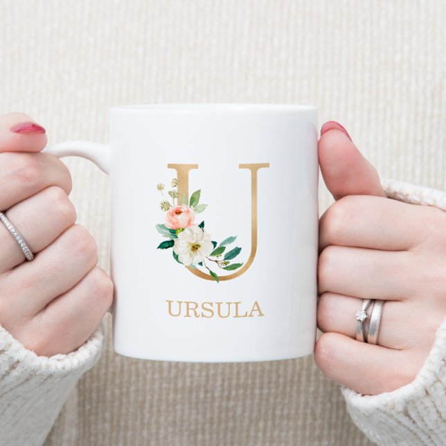 Monogram Guldbokstav U | Blommig Rosa Vit Grön Kaffemugg (Skapare uppladdad)