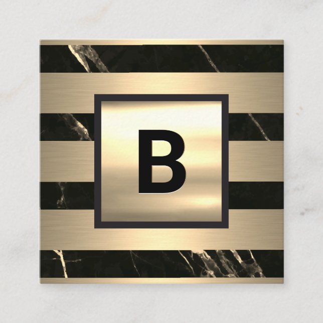 Monogram | Guldmetallränder | Svart guldmarmor Fyrkantigt Visitkort (Framsida)