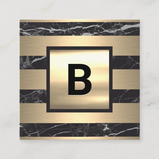 Monogram | Guldmetallränder | Svart Marmor Fyrkantigt Visitkort (Framsida)