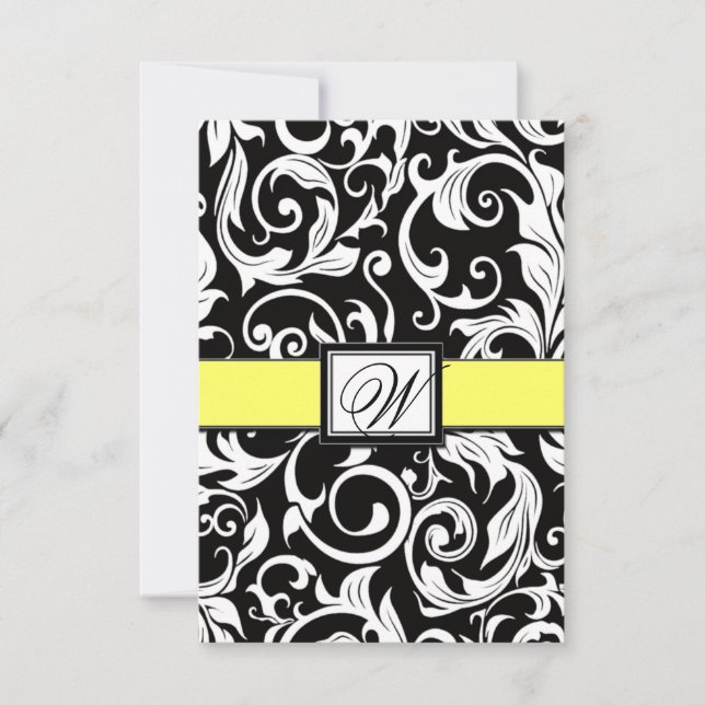 Monogram Gult & Black Damask Wedding OSA kort (Framsida)