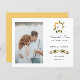 Monogram Gult Blommigt Photo Bröllop spara datum