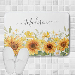Monogram Gult Blommor Solrosblommor Blommigt Botan Badrumsmatta