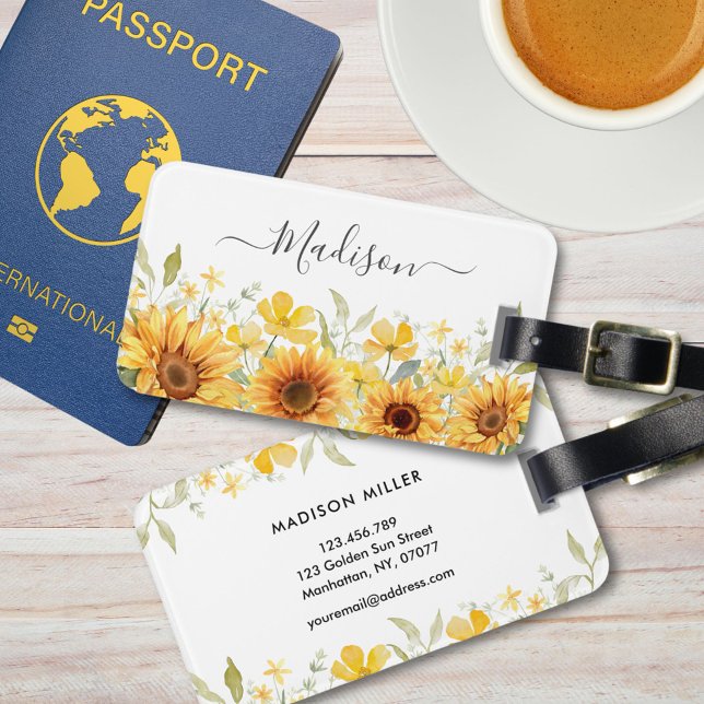 Monogram Gult Blommor Solrosblommor Blommigt Botan Bagagebricka (In situ)