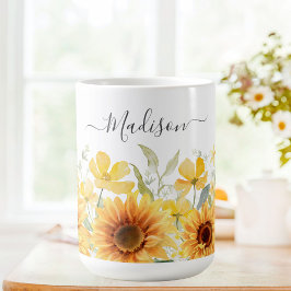 Monogram Gult Blommor Solrosblommor Blommigt Botan Kaffemugg