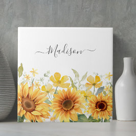 Monogram Gult Blommor Solrosblommor Blommigt Botan Kakelplatta