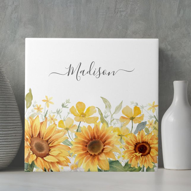 Monogram Gult Blommor Solrosblommor Blommigt Botan Kakelplatta (Close up)