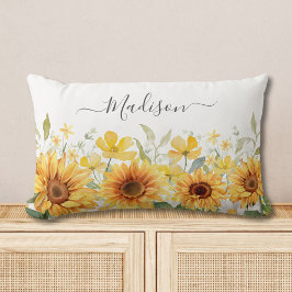 Monogram Gult Blommor Solrosblommor Blommigt Botan Lumbarkudde