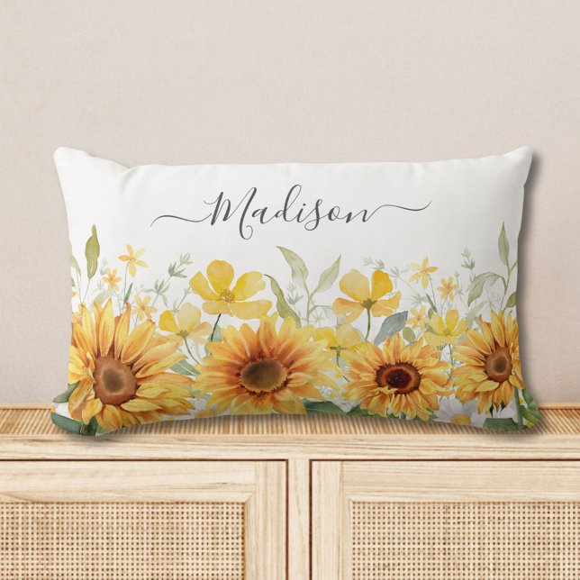 Monogram Gult Blommor Solrosblommor Blommigt Botan Lumbarkudde (In situ)