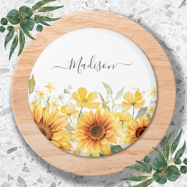 Monogram Gult Blommor Solrosblommor Blommigt Botan Magnet (Close up)