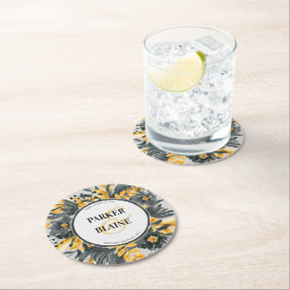 Monogram Gult & Grått Blommigt Vattenfärg Bröllop Underlägg Papper Rund