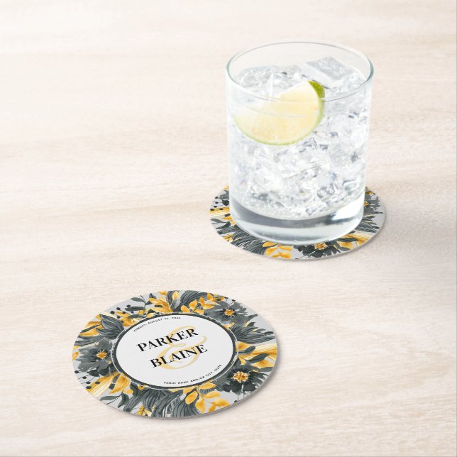 Monogram Gult & Grått Blommigt Vattenfärg Bröllop Underlägg Papper Rund (Insitu)