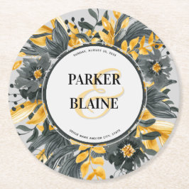 Monogram Gult & Grått Blommigt Vattenfärg Bröllop Underlägg Papper Rund