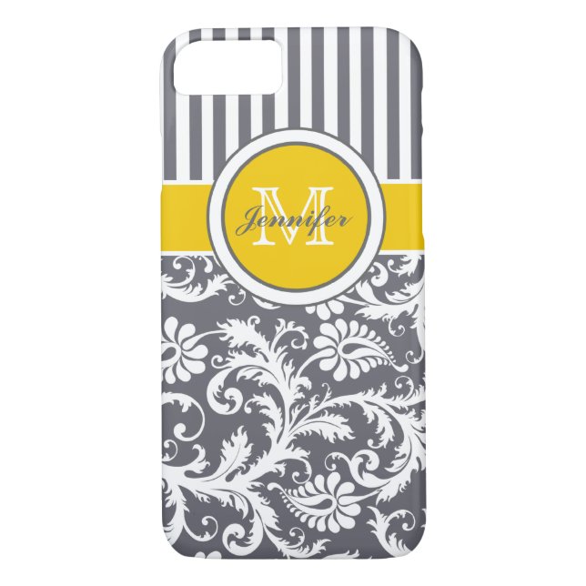 Monogram Gult Grått White Stripe Damask Case-Mate iPhone Skal (Baksida)